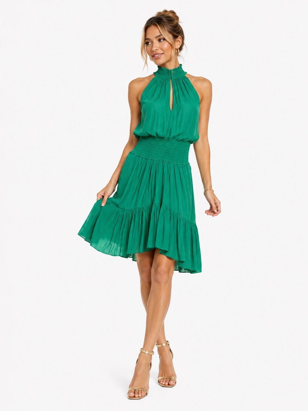 A.L.C. Cody Viridian Green Smocked Keyhole Halter Sharkbite Blouson Dress Size 8